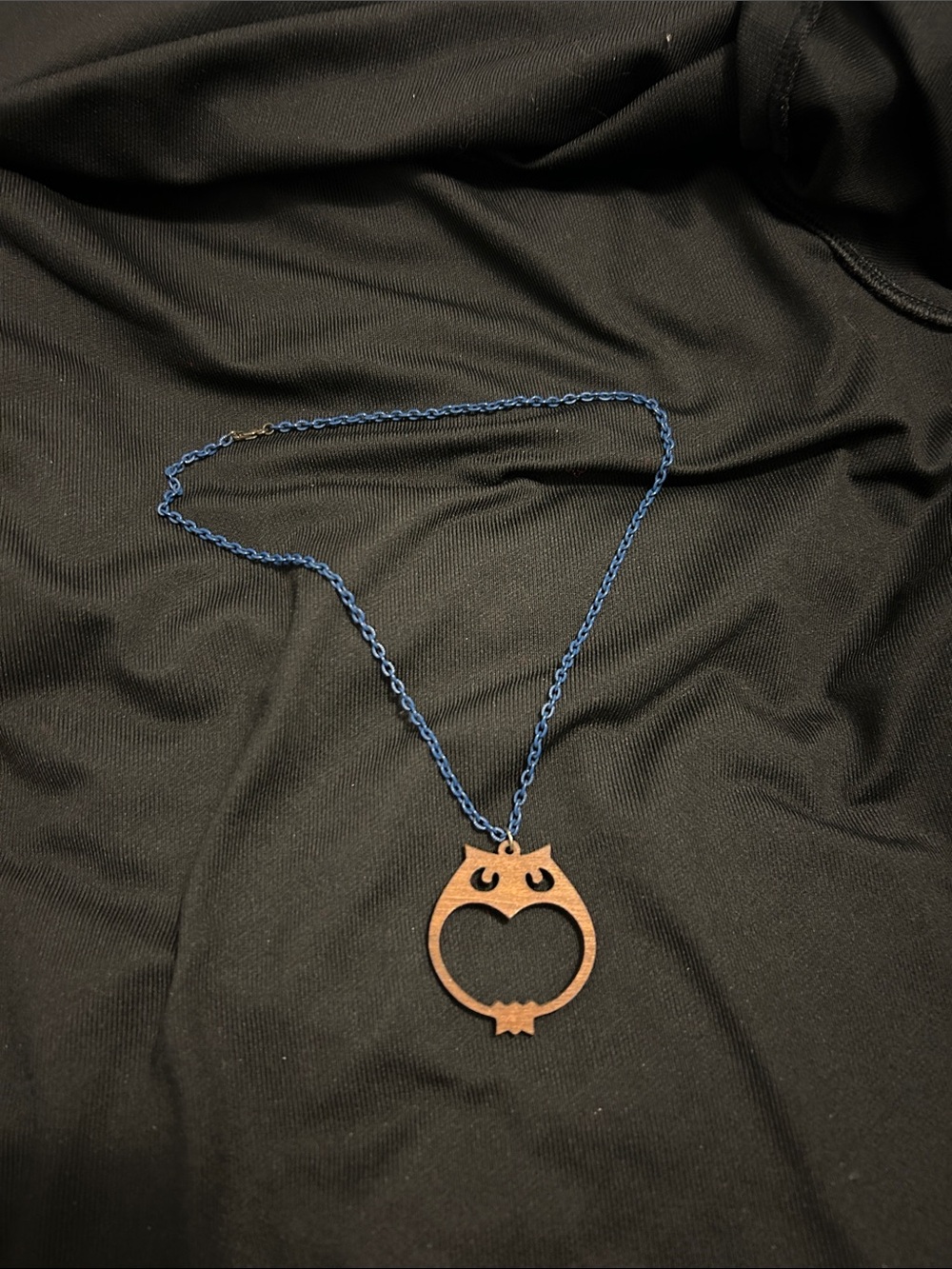 Blue Chain Necklace with Wooden Owl Pendant